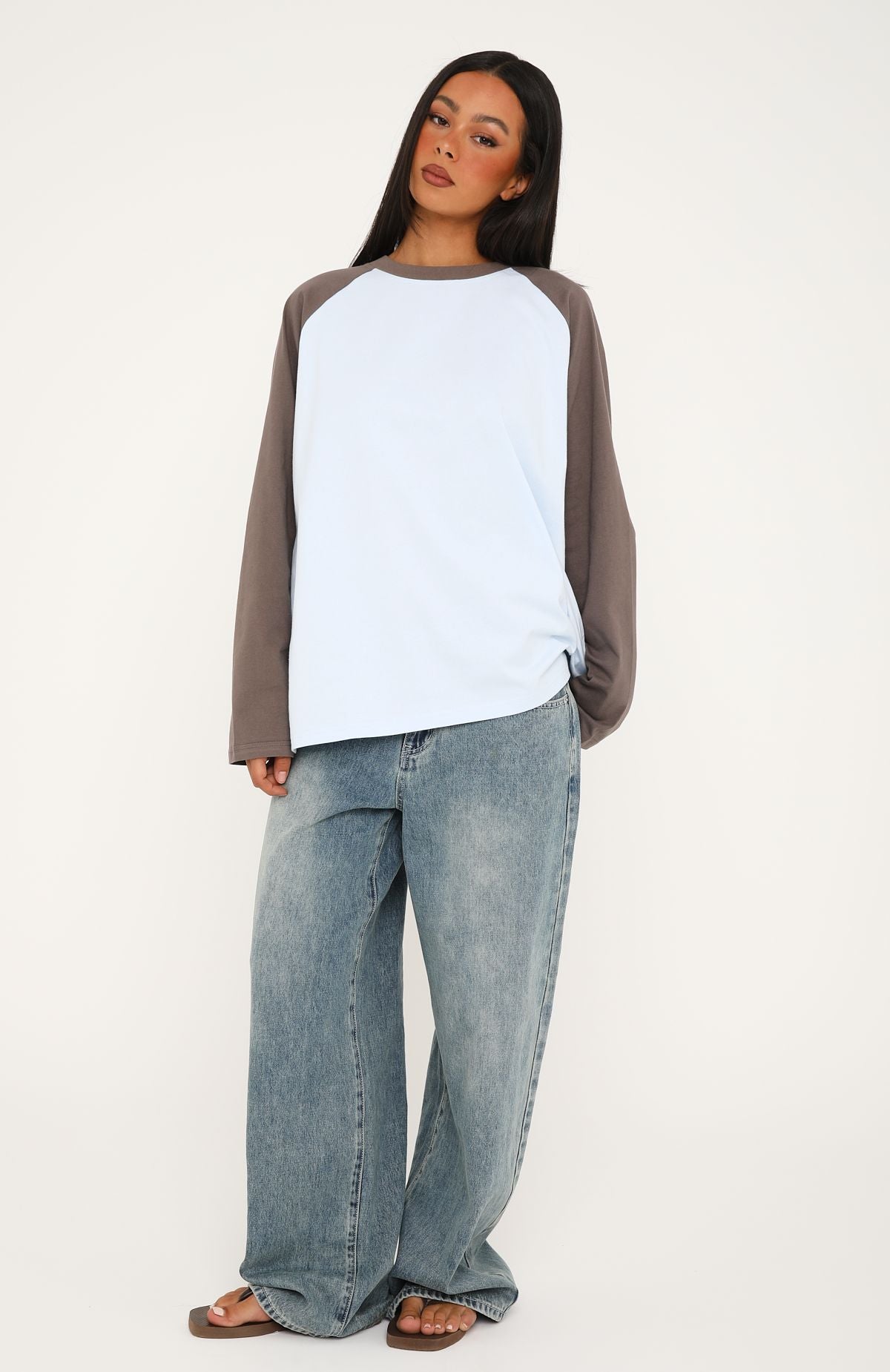 Take Her Out Raglan Long Sleeve Tee Baby Blue/Charcoal