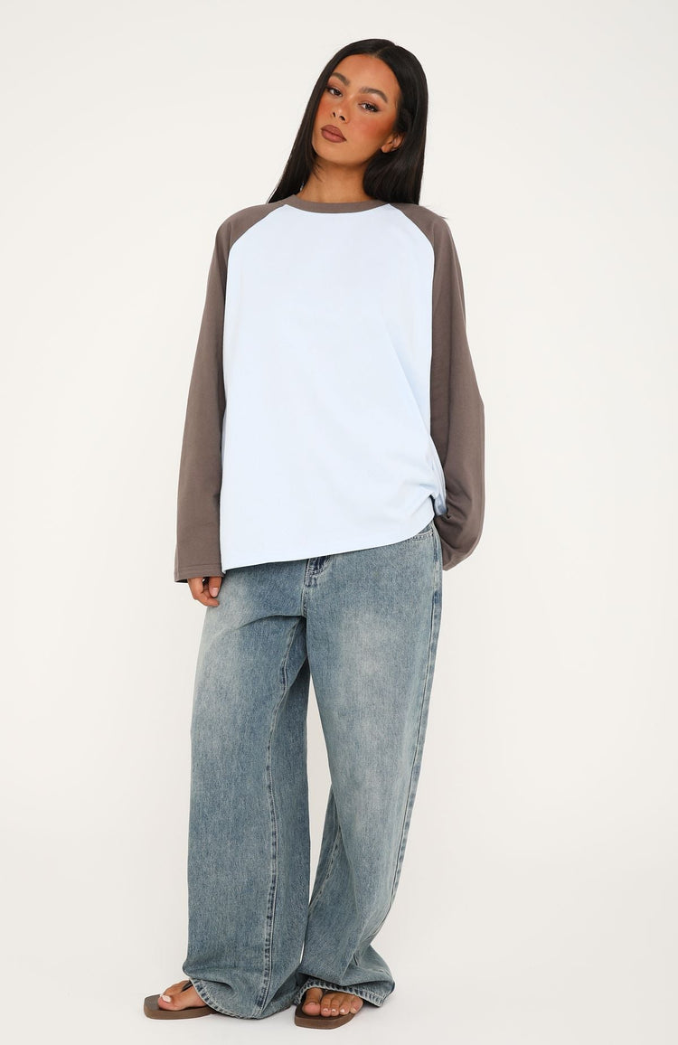 Take Her Out Raglan Long Sleeve Tee Baby Blue/Charcoal