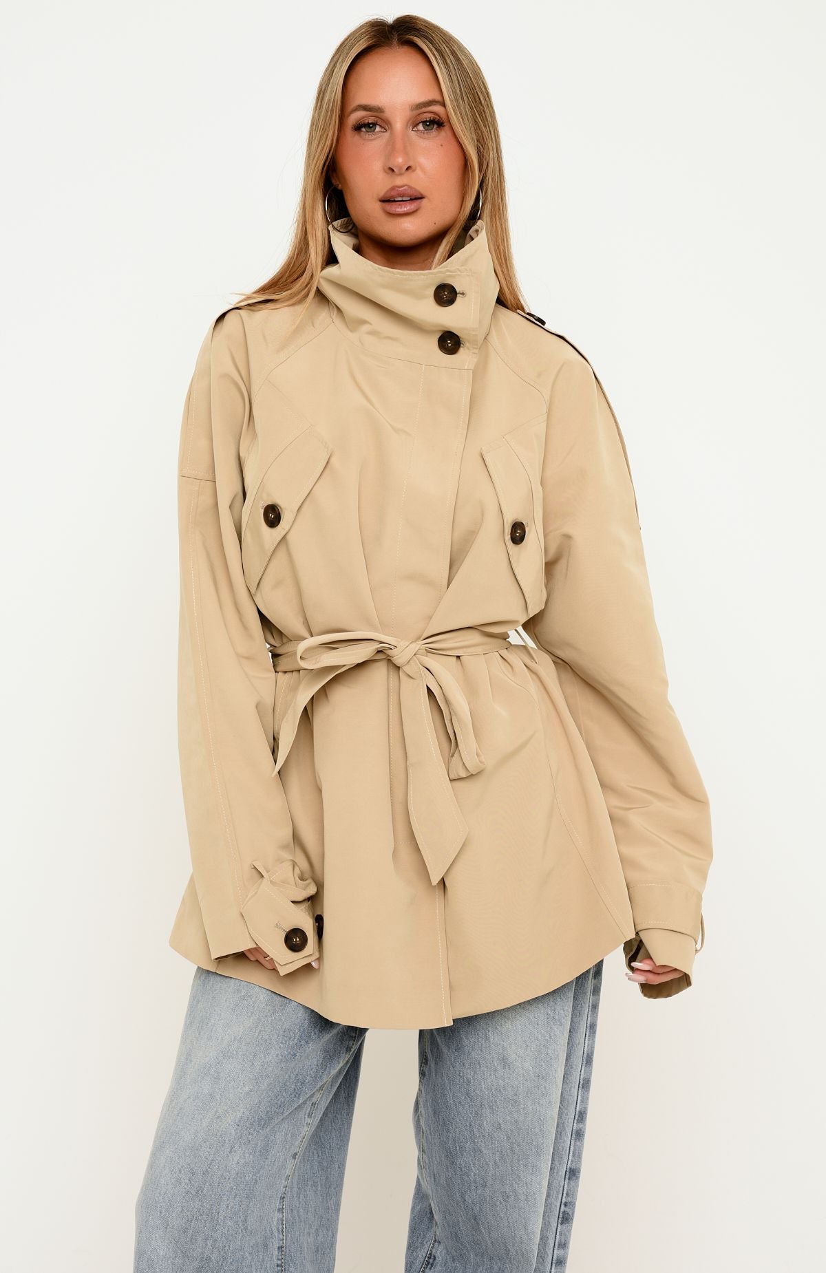 Thessaly Funnel Neck Cropped Trench Jacket Sand