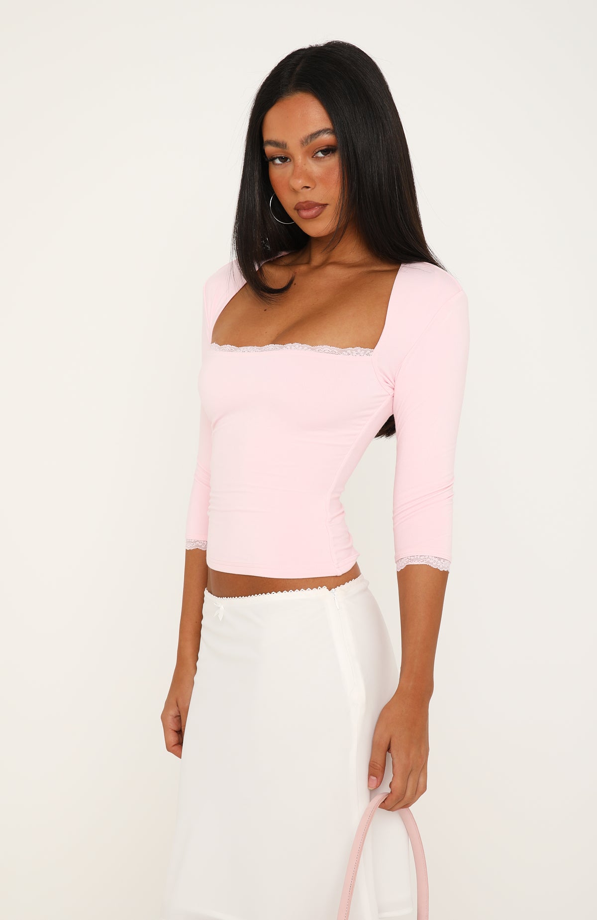 Light Layers Lace Trim 3/4 Sleeve Top Baby Pink
