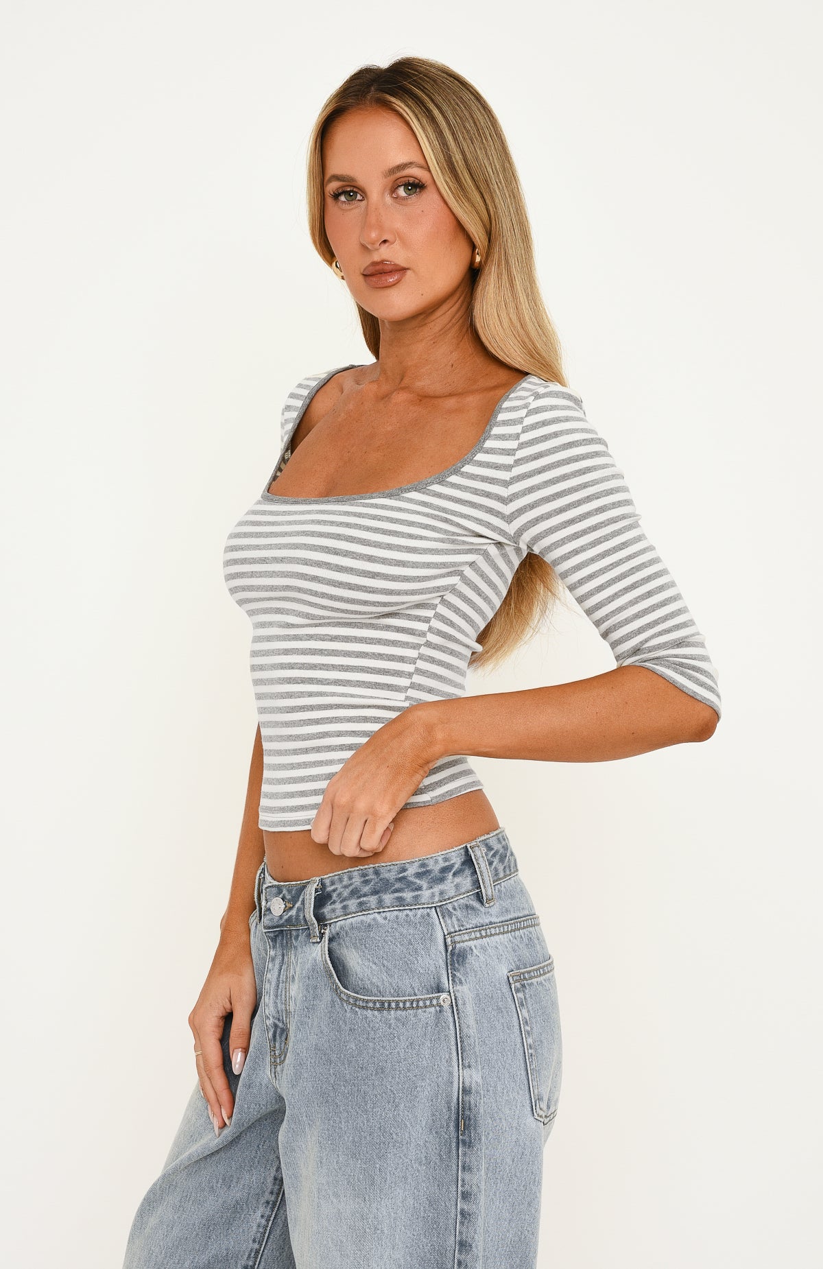 Look Around Stripe 3/4 Sleeve Top Grey Marle/Cream