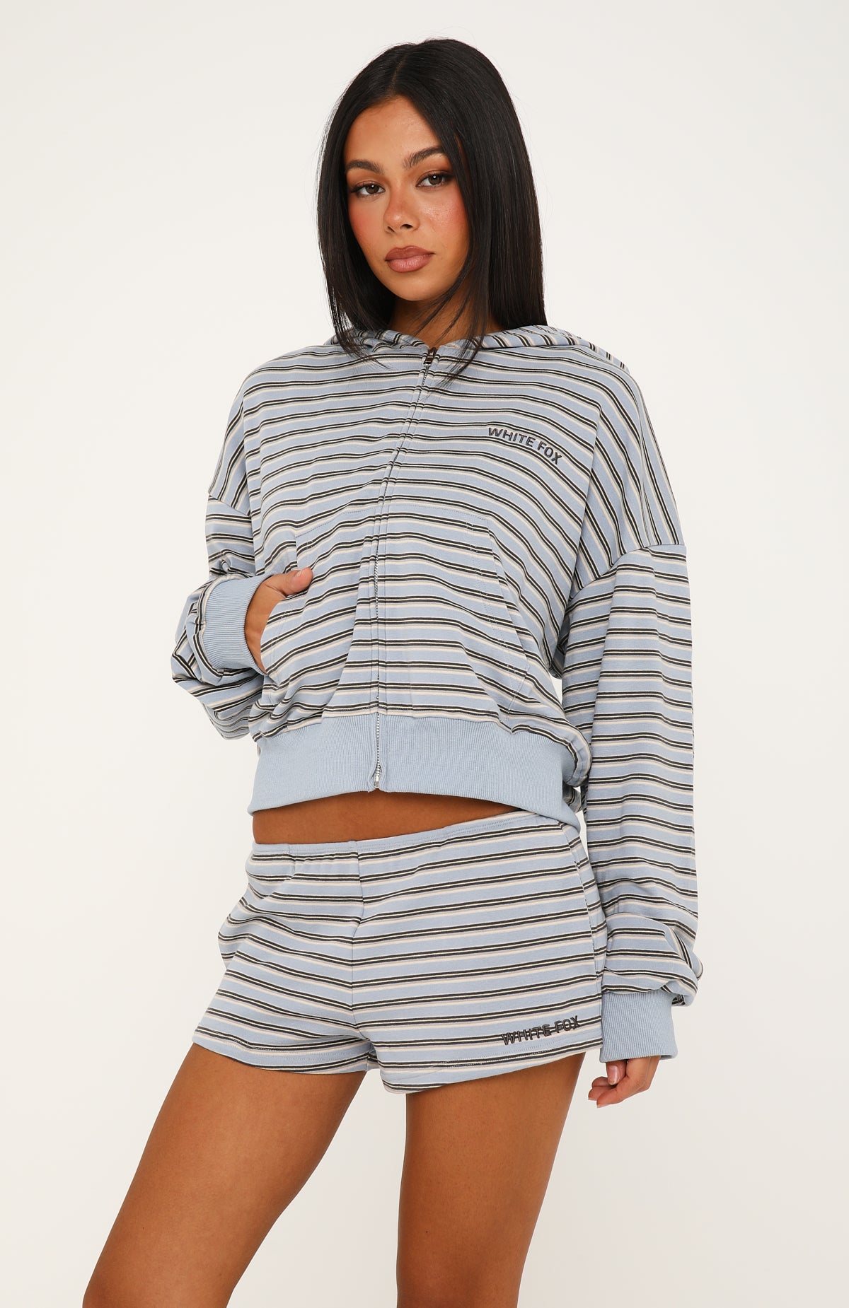 Looking Back Boxy Zip Front Hoodie Blue/Chocolate Stripe