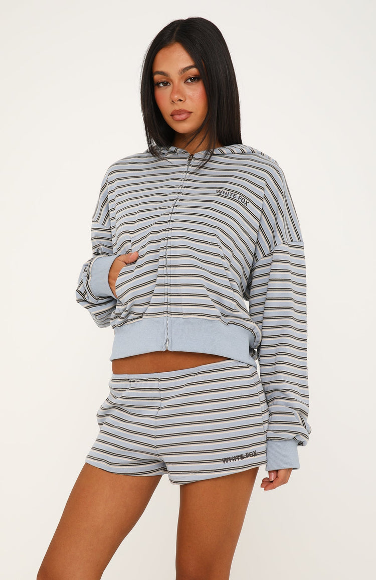 Looking Back Boxy Zip Front Hoodie Blue/Chocolate Stripe