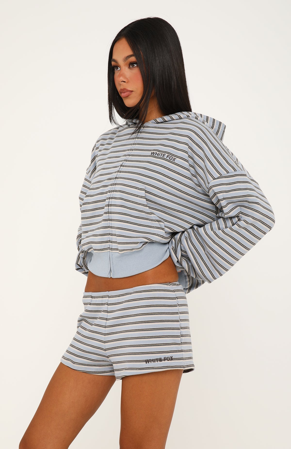 Looking Back Boxy Zip Front Hoodie Blue/Chocolate Stripe