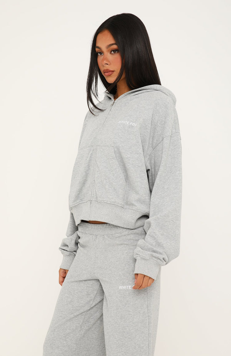Looking Back Boxy Zip Front Hoodie Grey Marle