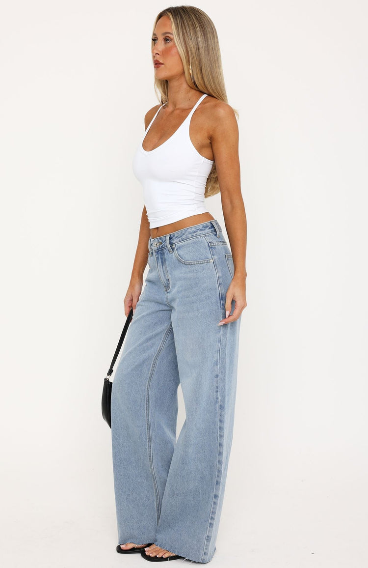 Feminine Instinct Mid Rise Wide Leg Jeans Washed Mid Blue