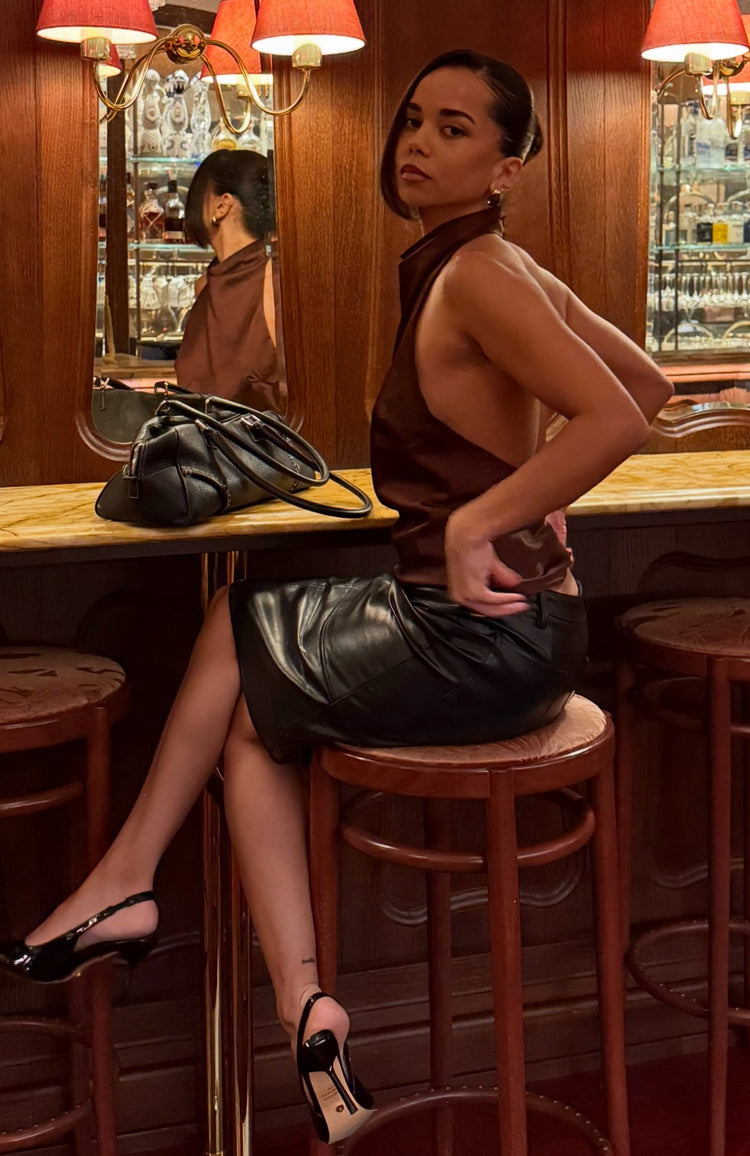 Watch And Learn Satin Halter Top Dark Chocolate