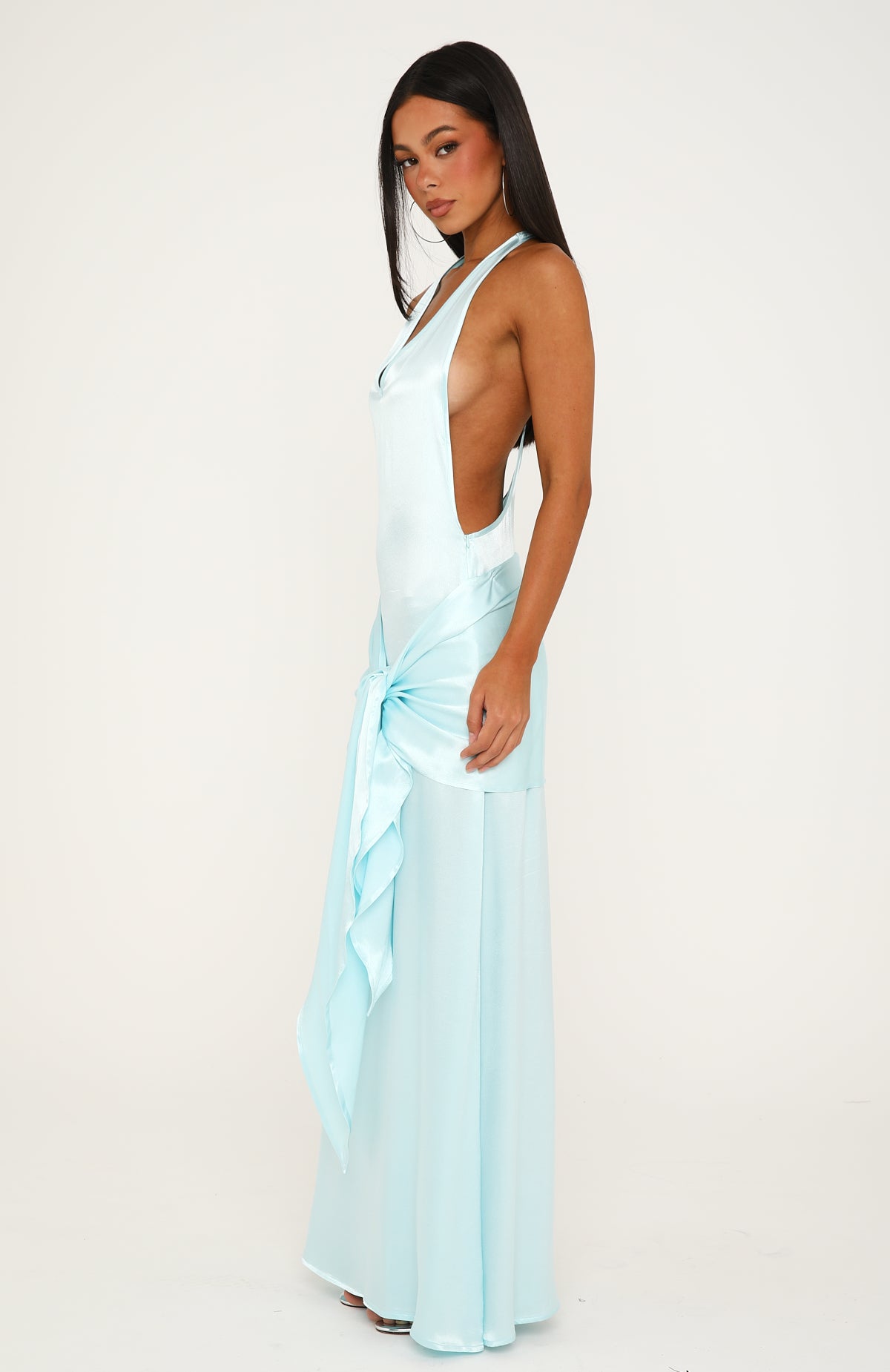 Modern Muse Satin Halter Maxi Dress Aqua