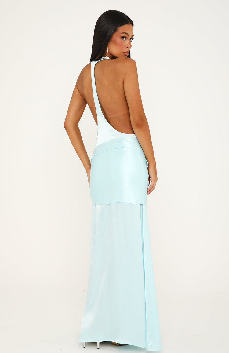 Modern Muse Satin Halter Maxi Dress Aqua