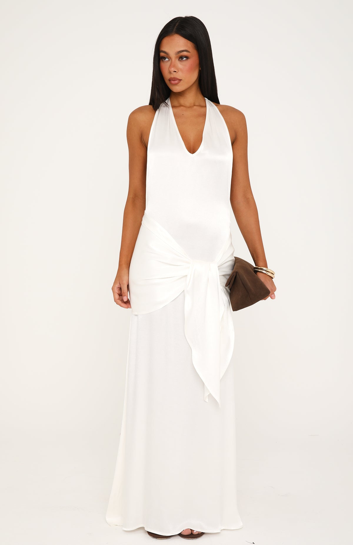 Modern Muse Satin Halter Maxi Dress Pearl