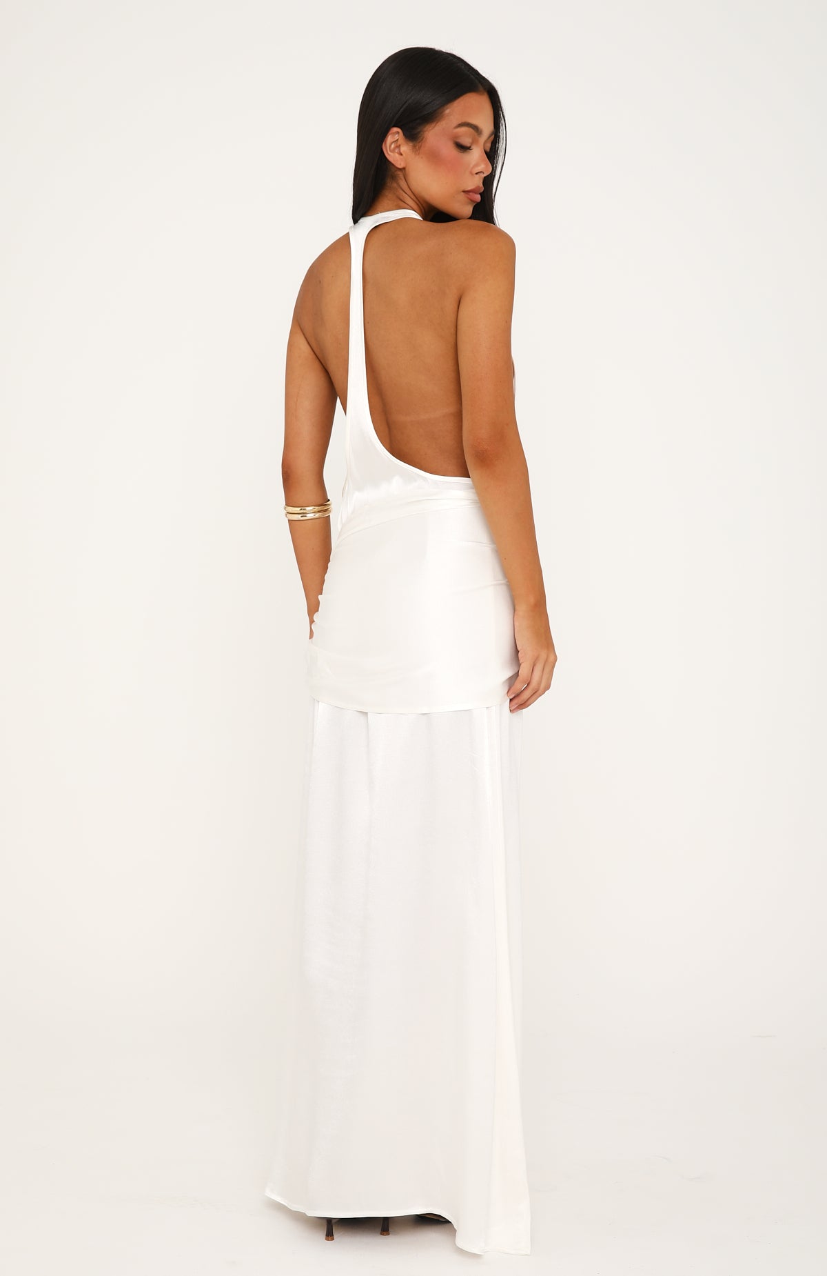 Modern Muse Satin Halter Maxi Dress Pearl