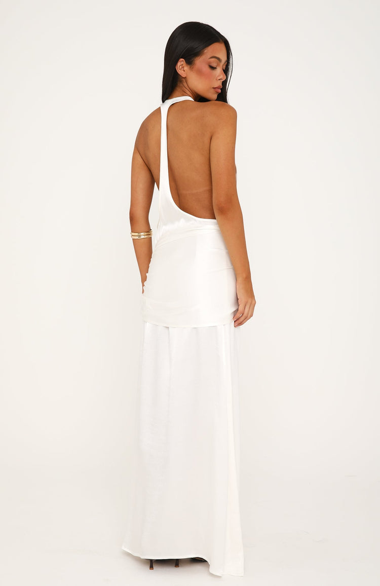Modern Muse Satin Halter Maxi Dress Pearl