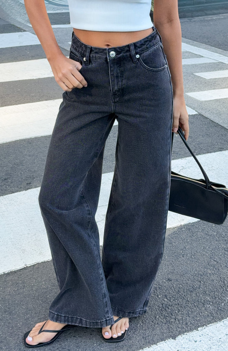 No Good High Rise Wide Leg Jeans Black Acid Wash