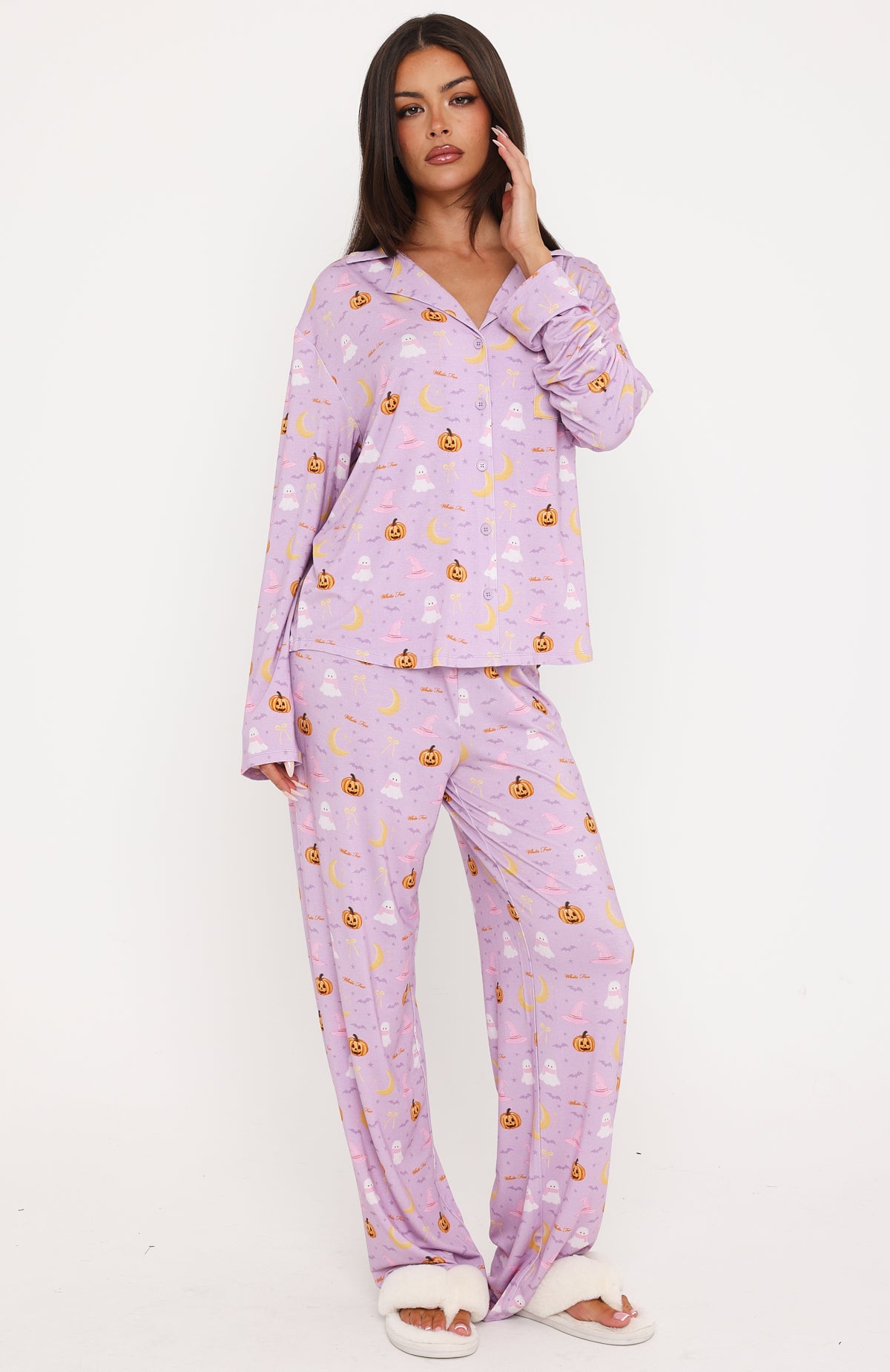 Pillow Talk Printed Long Sleeve Pyjama Set Lavender Haunt
