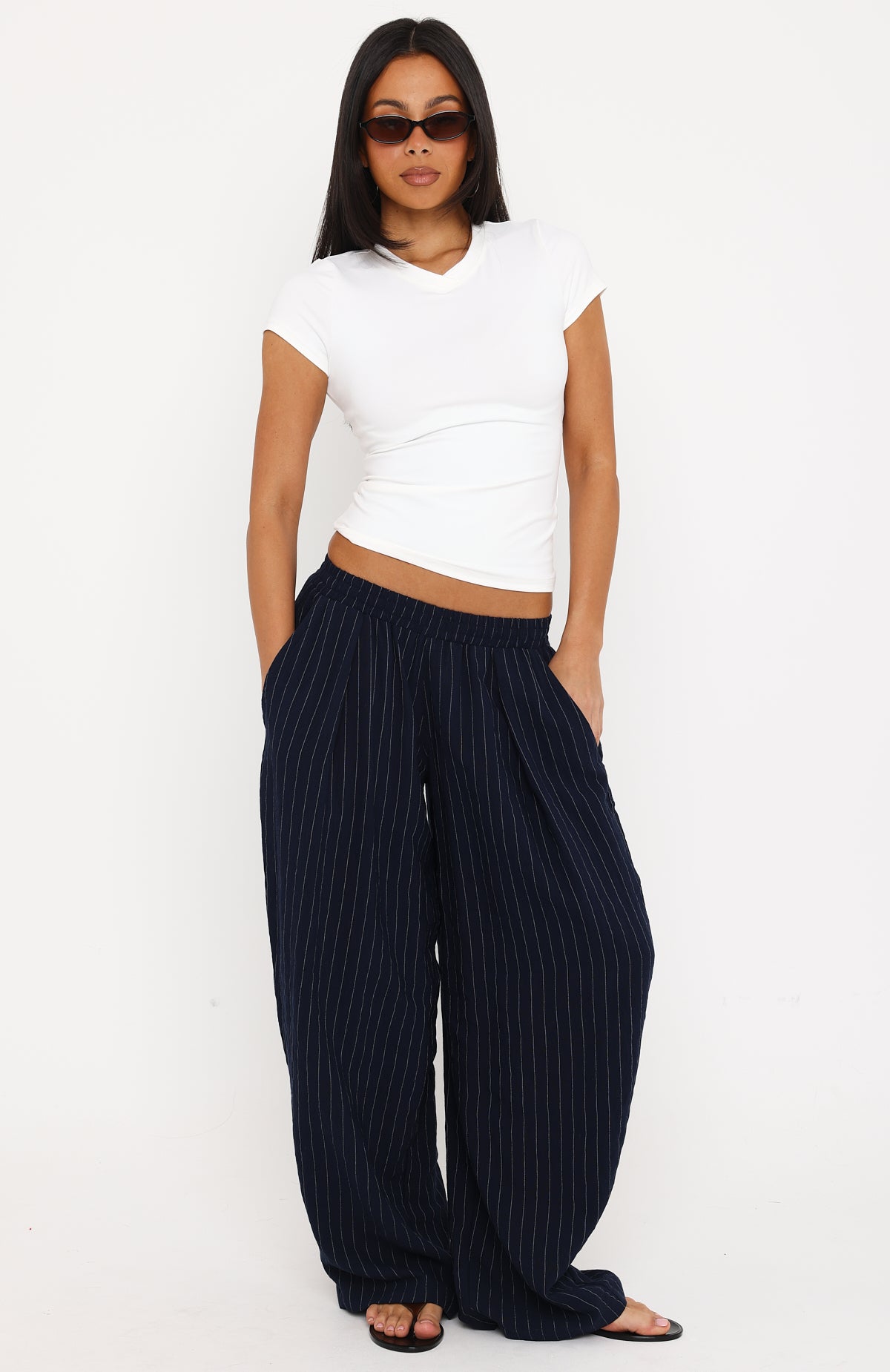 She Runs This Tailored Wide Leg Pant Navy Pinstripe