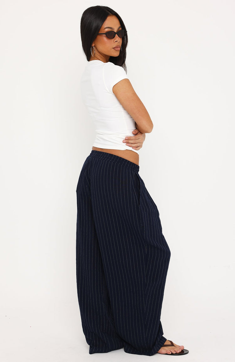 She Runs This Tailored Wide Leg Pant Navy Pinstripe
