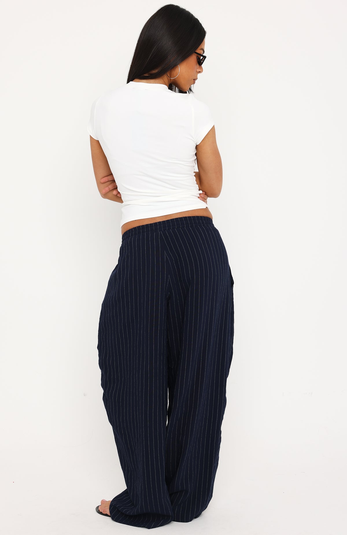 She Runs This Tailored Wide Leg Pant Navy Pinstripe