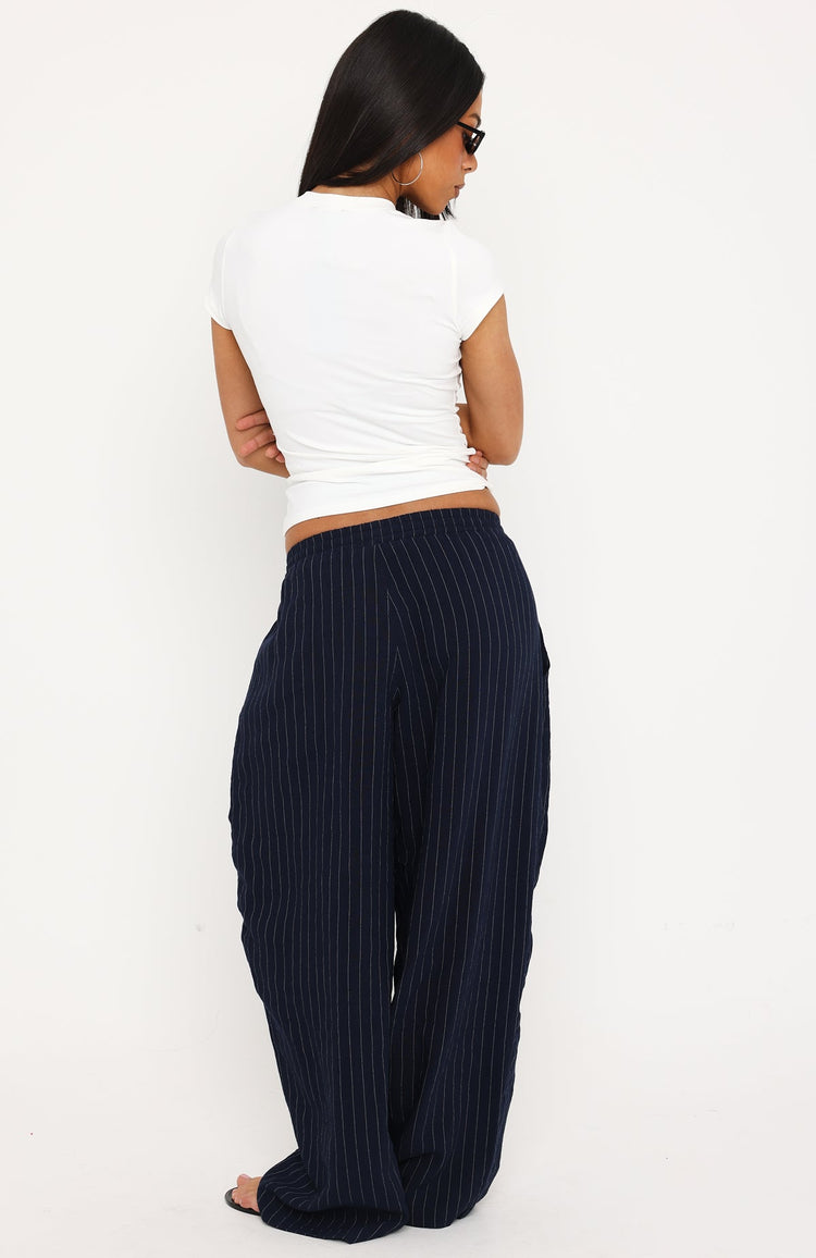 She Runs This Tailored Wide Leg Pant Navy Pinstripe