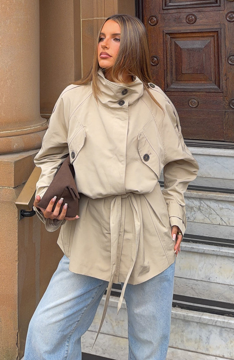 Thessaly Funnel Neck Cropped Trench Jacket Sand