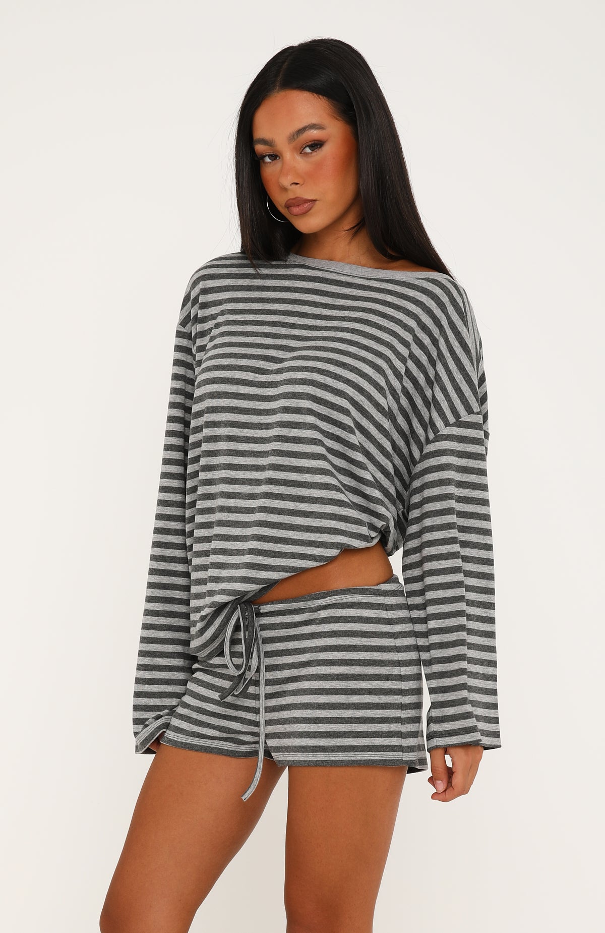 Touchdown Off Shoulder Oversized Long Sleeve Tee Charcoal/Grey Marle