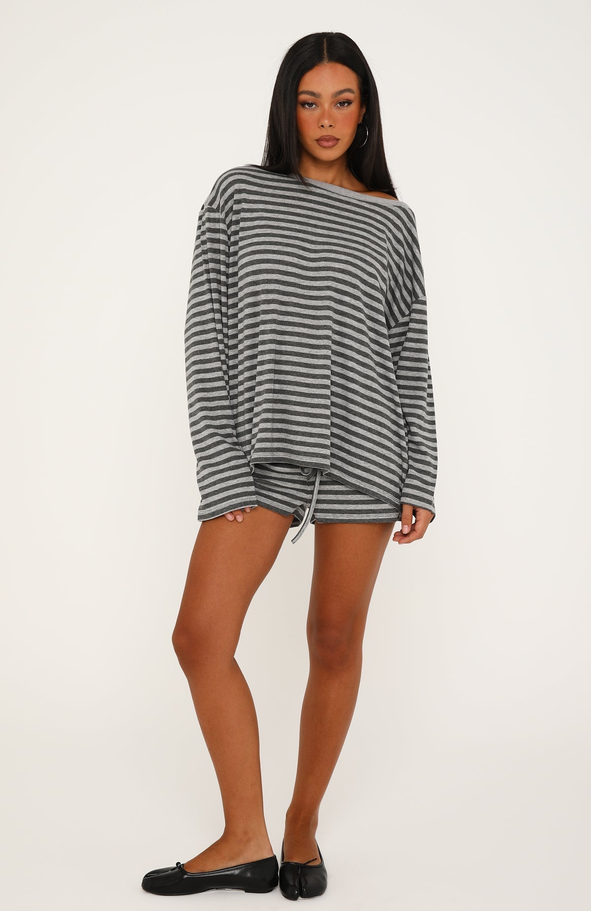Touchdown Off Shoulder Oversized Long Sleeve Tee Charcoal/Grey Marle