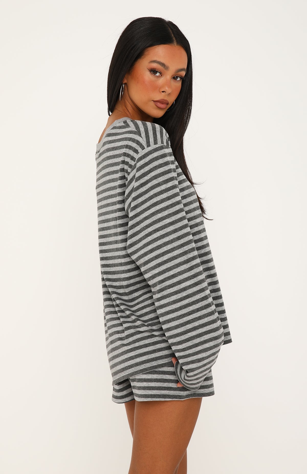 Touchdown Off Shoulder Oversized Long Sleeve Tee Charcoal/Grey Marle