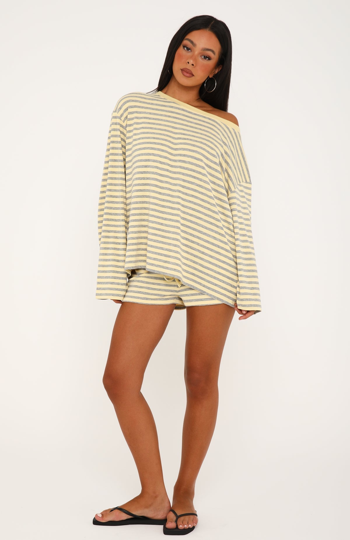 Touchdown Off Shoulder Oversized Long Sleeve Tee Lemon/Grey Marle