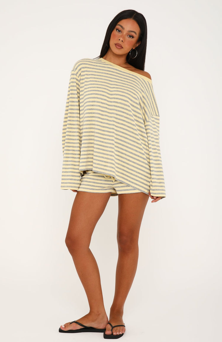 Touchdown Off Shoulder Oversized Long Sleeve Tee Lemon/Grey Marle