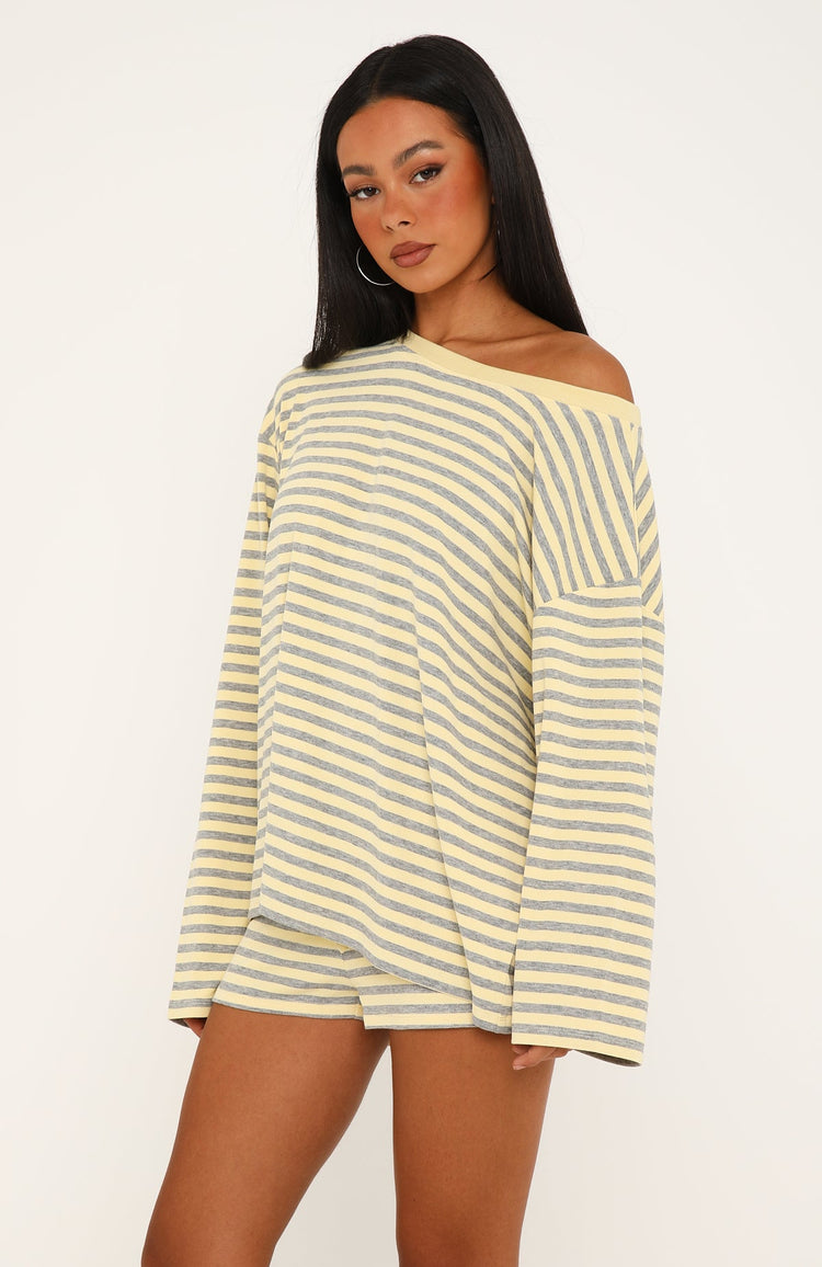 Touchdown Off Shoulder Oversized Long Sleeve Tee Lemon/Grey Marle