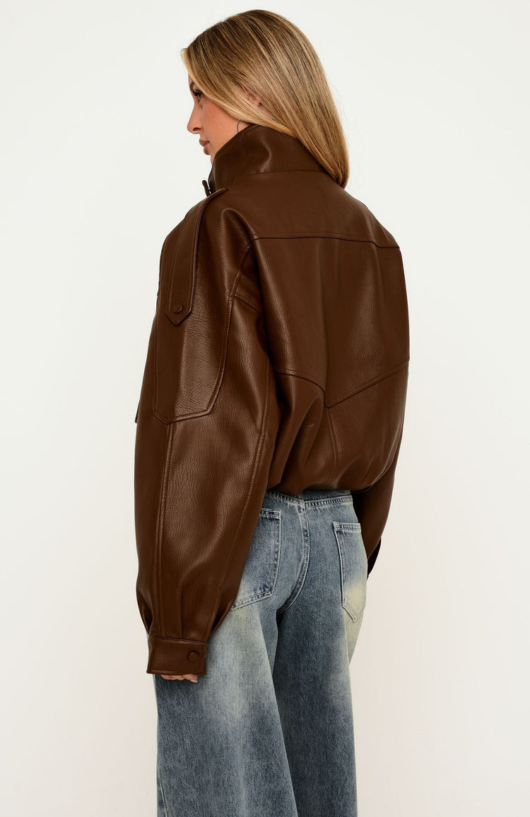 Arianna Funnel Neck PU Jacket Chocolate