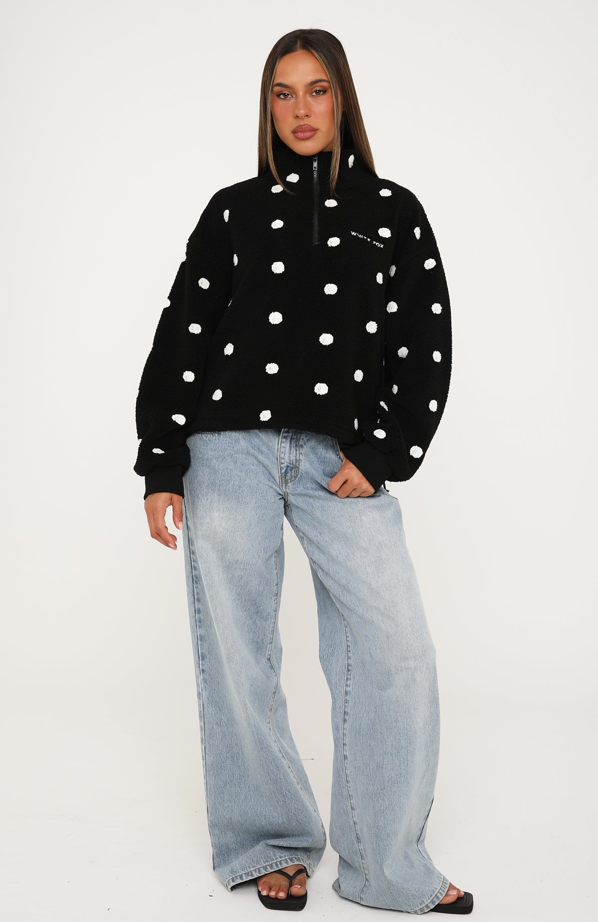 We'll Figure It Out Fleece Quarter Zip Sweater Black Polka Dot