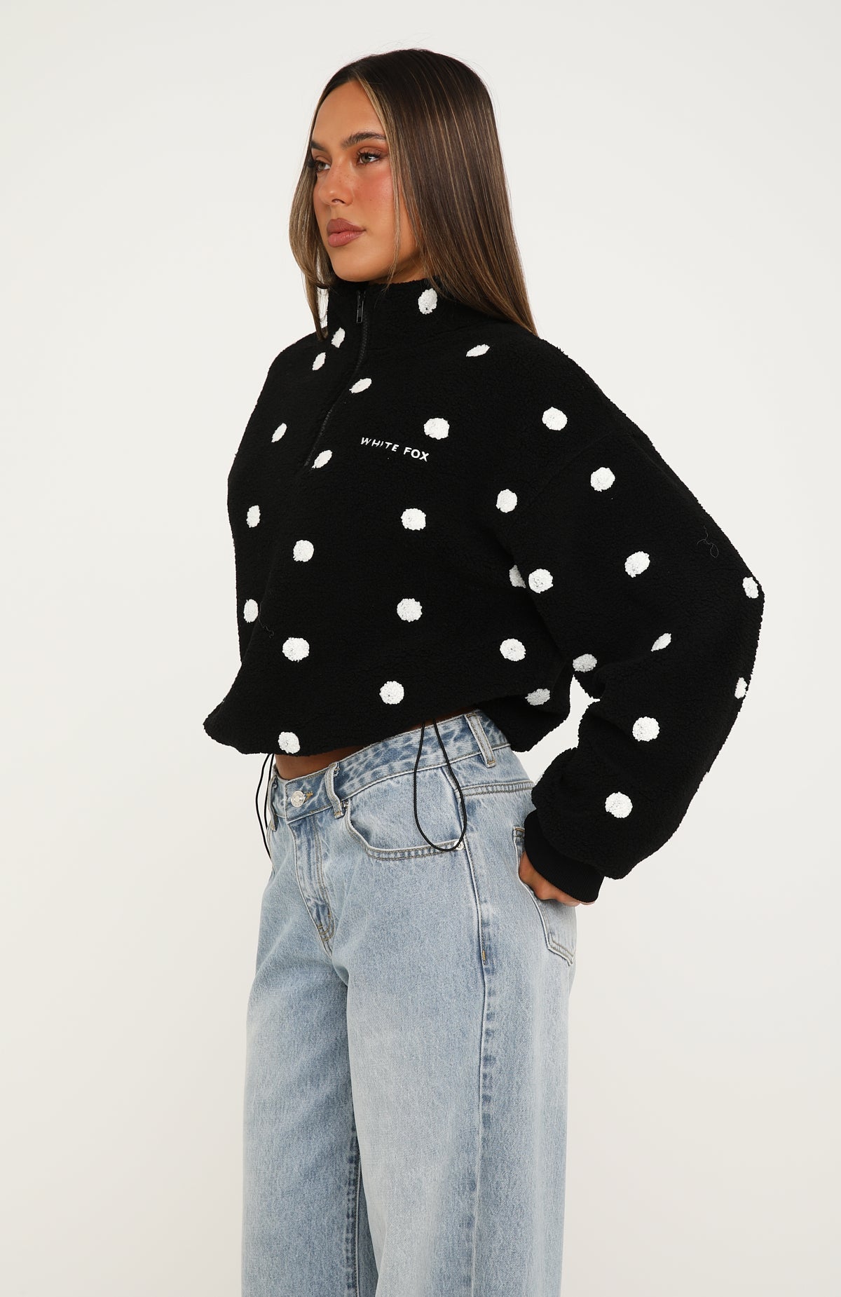We'll Figure It Out Fleece Quarter Zip Sweater Black Polka Dot