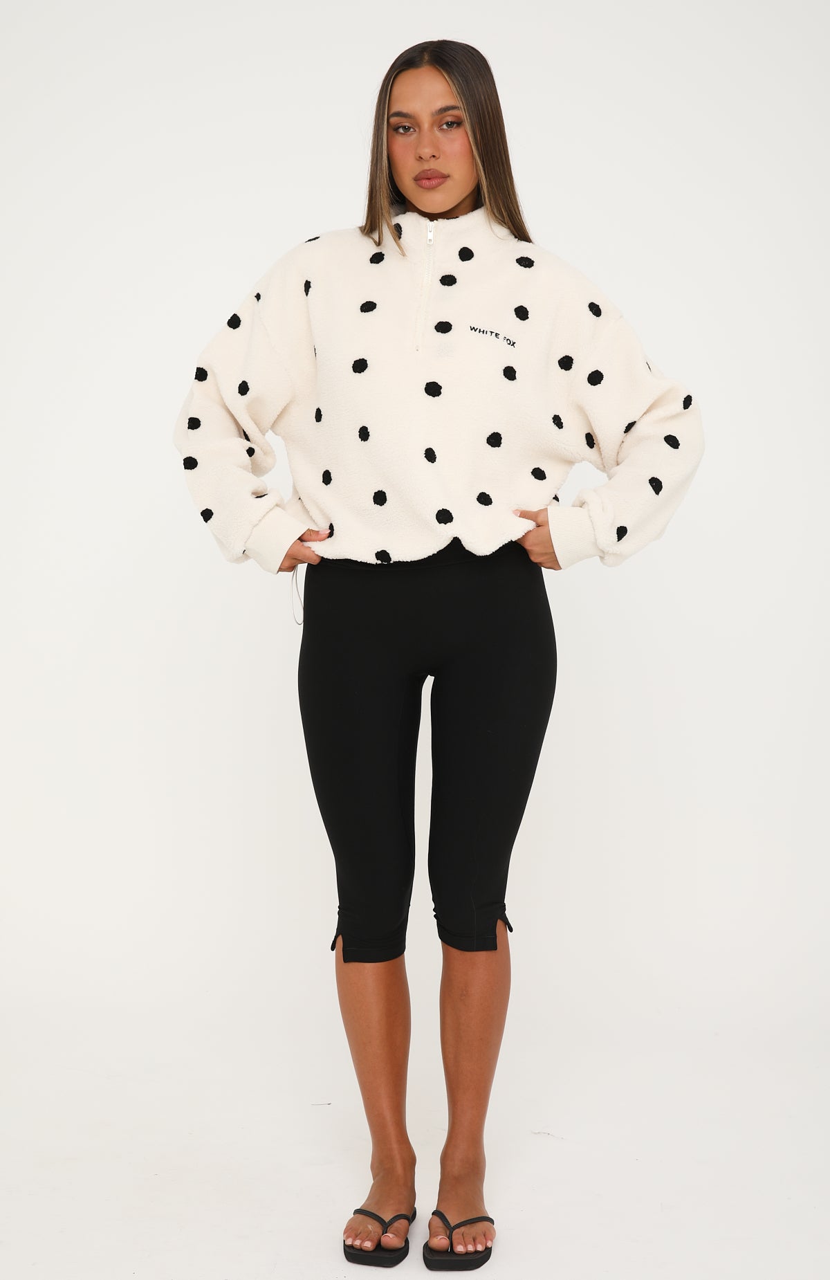 We'll Figure It Out Fleece Quarter Zip Sweater Cream Polka Dot