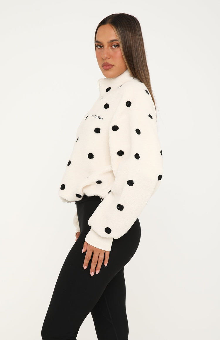 We'll Figure It Out Fleece Quarter Zip Sweater Cream Polka Dot