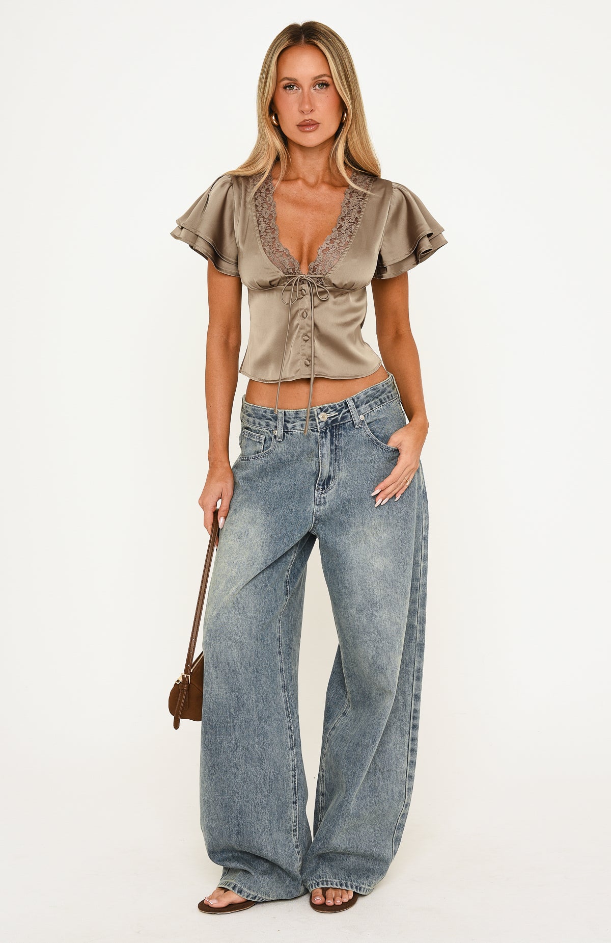 What We Don't Know Lace Trim Satin Short Sleeve Top Mocha