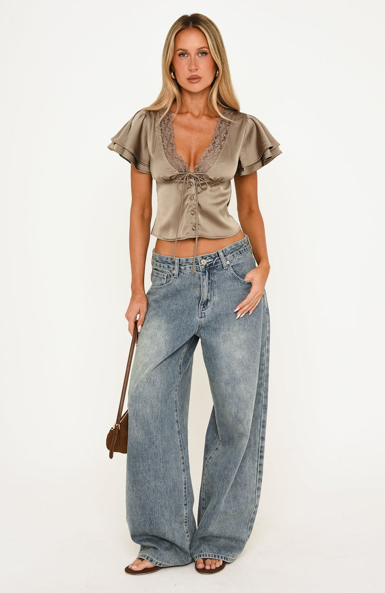 What We Don't Know Lace Trim Satin Short Sleeve Top Mocha