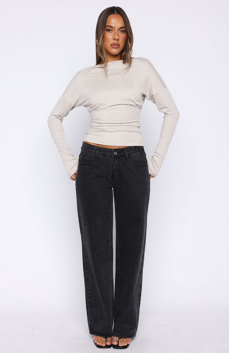 Another Time Cinched Waist Long Sleeve Top Light Grey Marle