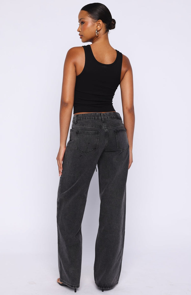 Making Appearances Mid Rise Lace Up Straight Leg Jeans Black Acid Wash