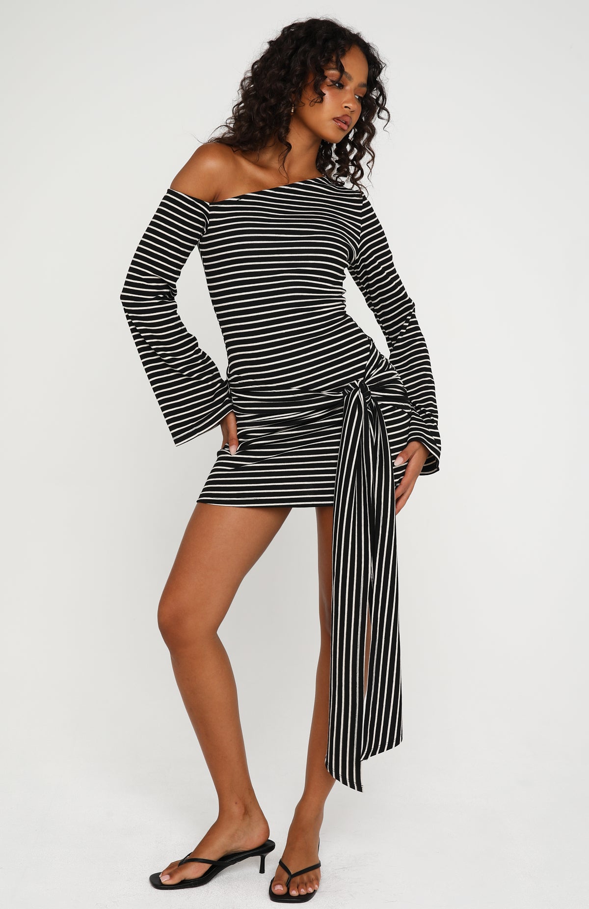 On Her Throne Off Shoulder Long Sleeve Mini Dress Black/Marle Stripe