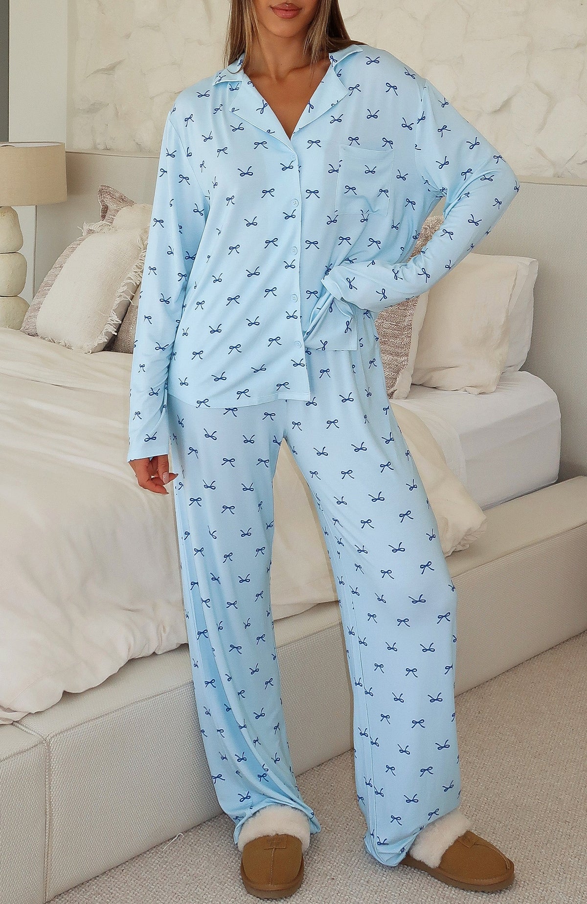 Pillow Talk Printed Long Sleeve Pyjama Set Sky Ribbons