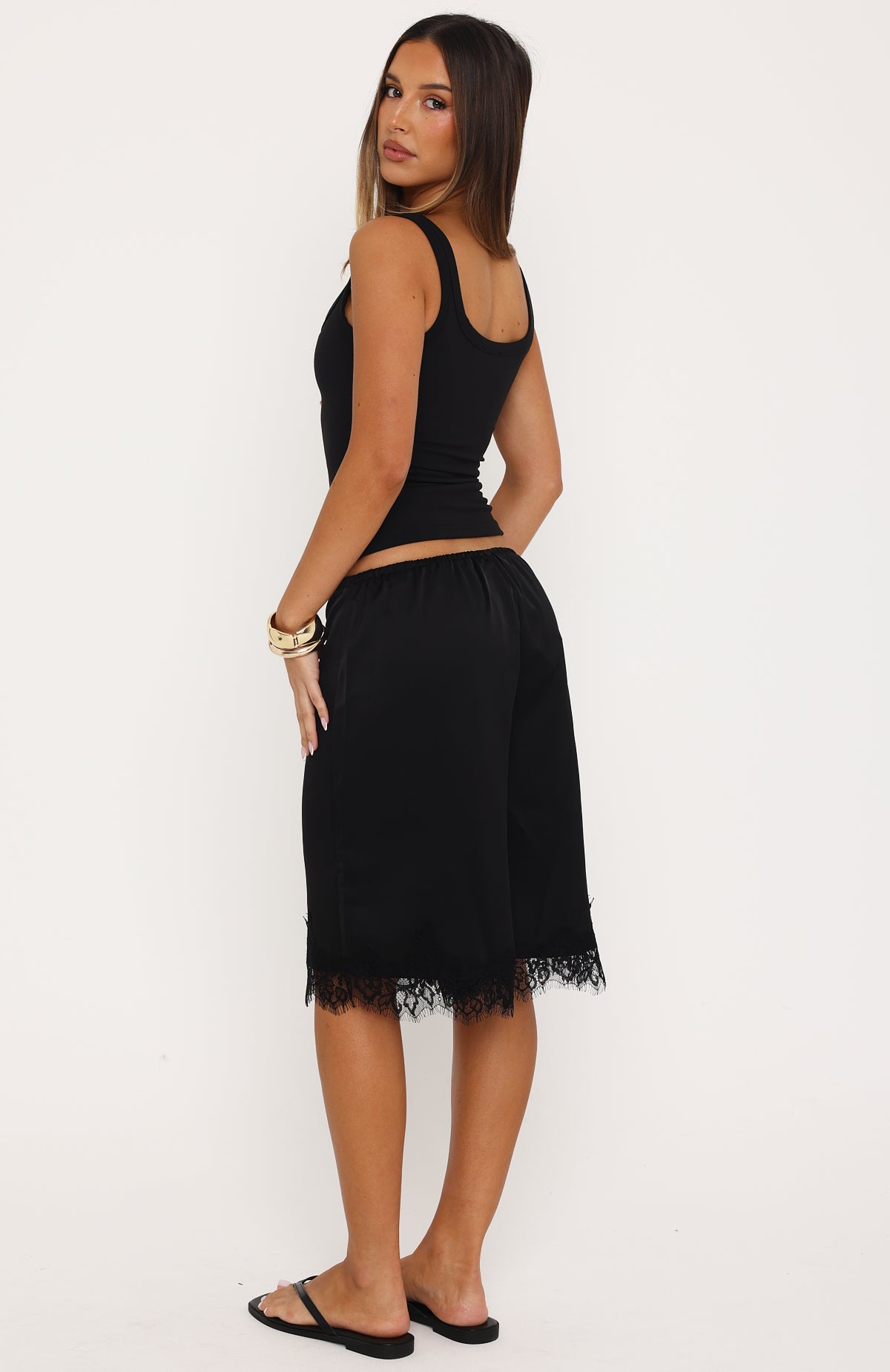Right Direction Lace Trim Satin Shorts Black