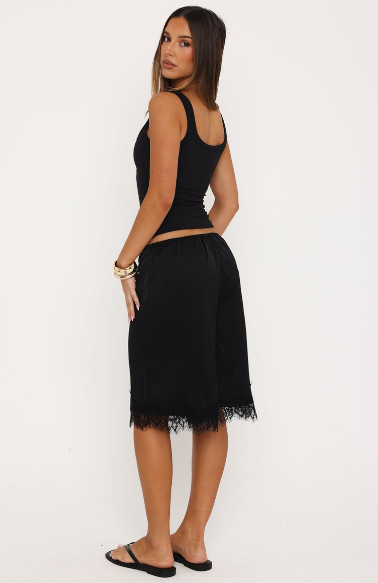 Right Direction Lace Trim Satin Shorts Black