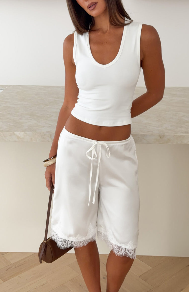 Right Direction Lace Trim Satin Shorts White