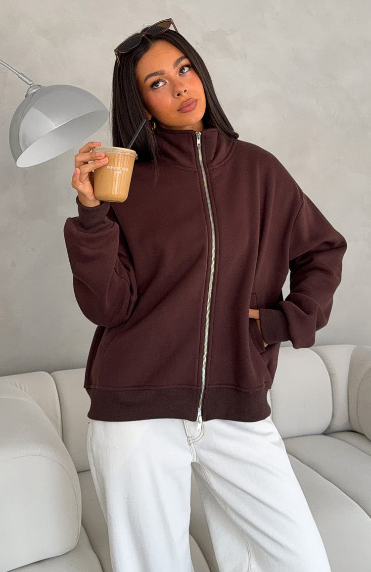 Such A Dream Oversized Zip Front Funnel Neck Jacket Chocolate