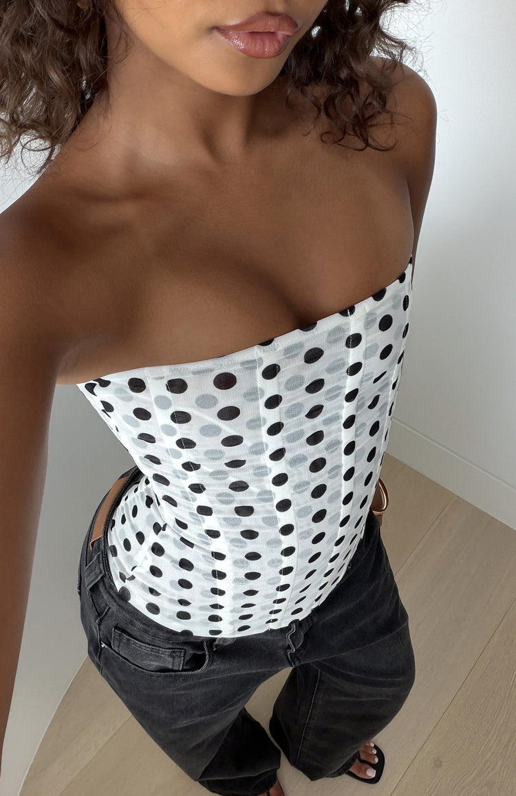 Tell Me A Secret Strapless Bustier White/Black Polka Dot