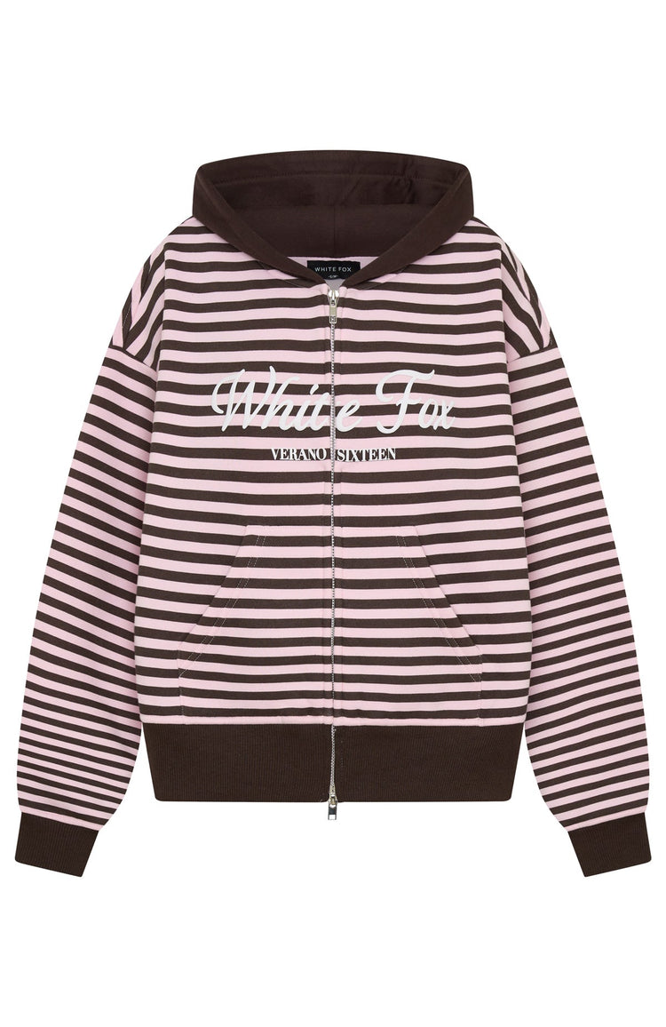 Verano Sixteen Maria Boxy Zip Front Hoodie Pink/Choc Stripe