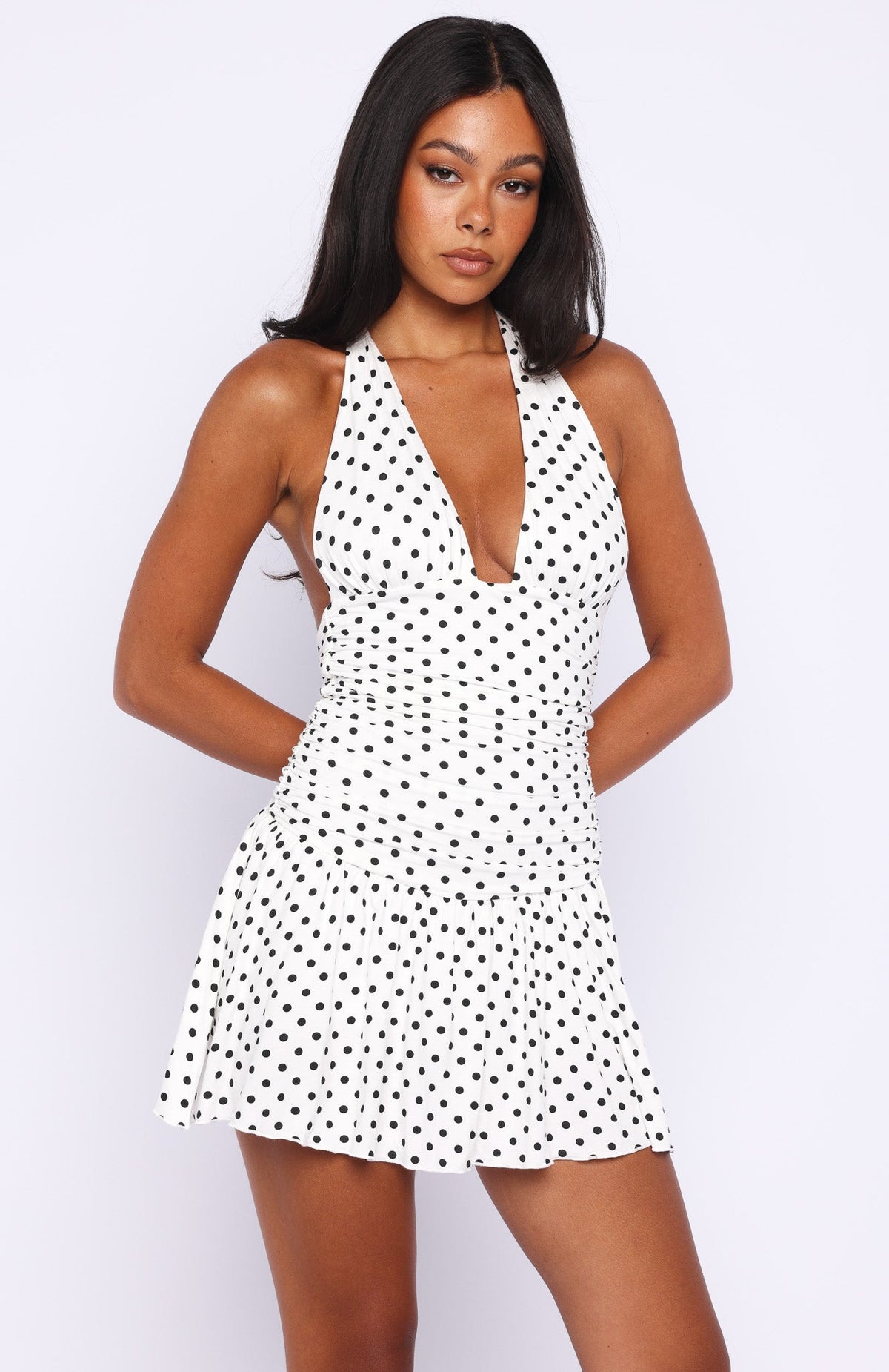 Whispered Dreams Halter Mini Dress White/Black Polka Dot