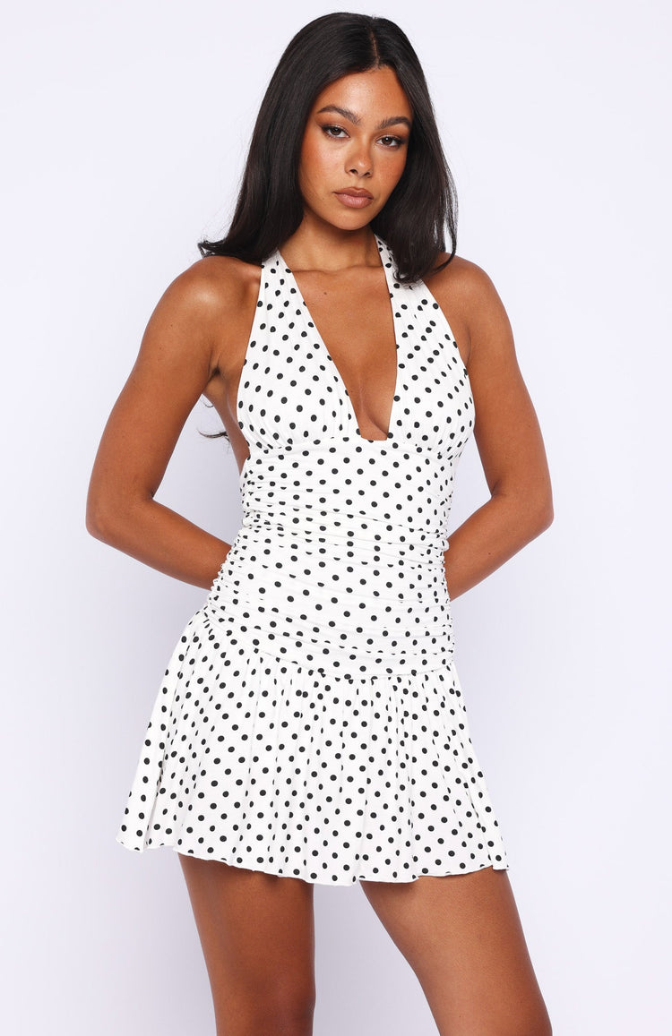 Whispered Dreams Halter Mini Dress White/Black Polka Dot