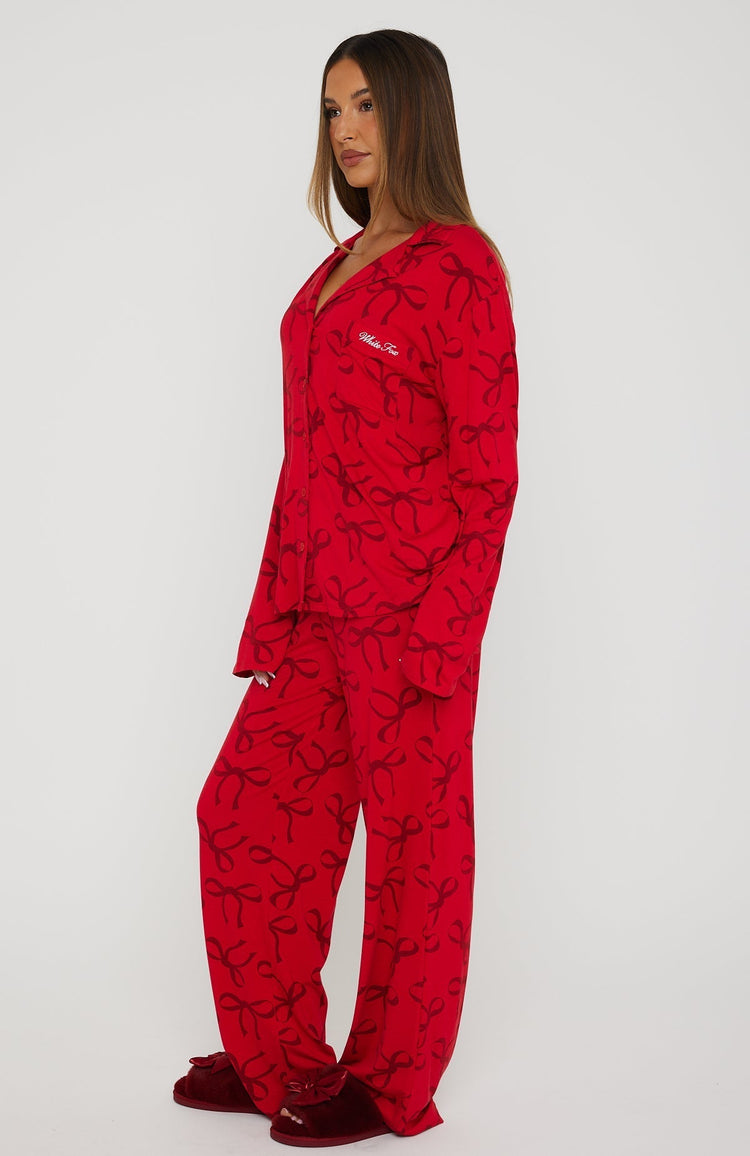 Pillow Talk Printed Long Sleeve Pyjama Set Red Bow