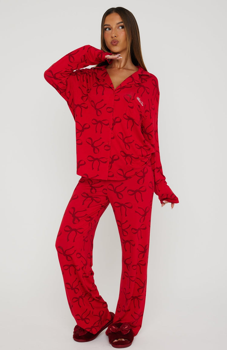 Pillow Talk Printed Long Sleeve Pyjama Set Red Bow